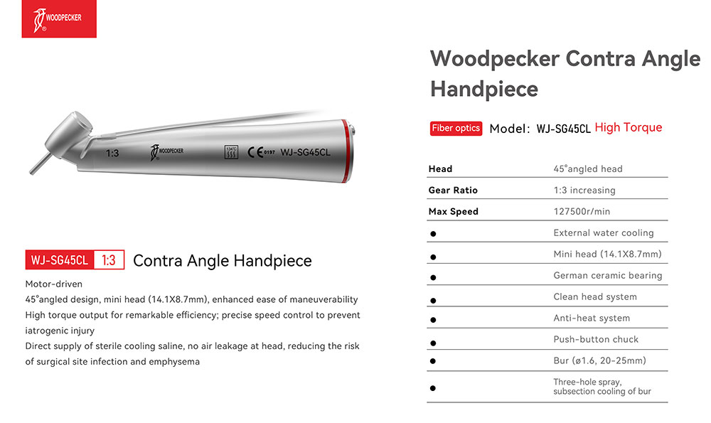 Woodpecker 1:3 45° External LED Fiber Optic Contra-Angle

